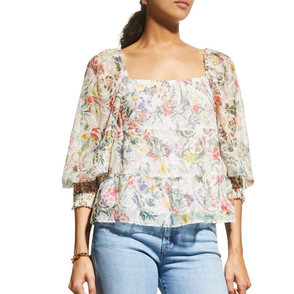 Alice + Olivia Rowa Floral Eyelet Square Neck Puff Sleeve Tiered Silk Top Sz M